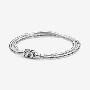 Chaîne Pandora Moments Double Wrap Barrel Clasp Snake/Necklace Argent | 73HKBXENA